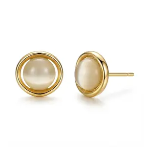 Women's Gold-Tone Round Cabochon Cat's Eye Stud Earrings, Dainty Silver Earring Stack, Everyday Fashion Jewelry Gift, Earrings Set, 925 Sterling