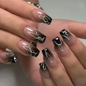 Gradual Gradient False Nails with Silver Color Lines, 24pcs Removable Medium Length Square Press-On Nails, Shimmer Finish for Stylish Manicures Glam Pack Glitter Fake Nails