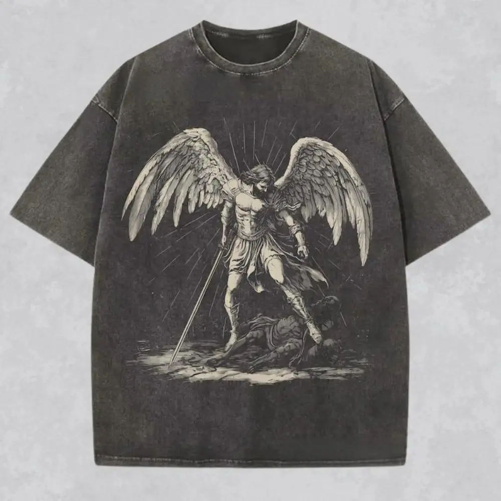 Archangel Michael Vintage Washed Denim Style T-Shirt, Christian Streetwear Religious Faith Apparel, Comfort Cotton Tee, Catholic Church Wear, High Quality Religious Gift for Him & Her