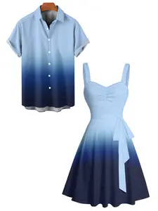 2025 Vacation Couple Outfit Ombre Ruched Bust Belt Sweetheart Neck A Line Mini Dress and Roll Up Sleeve Shirt Matching Outfit Summer Couple Set