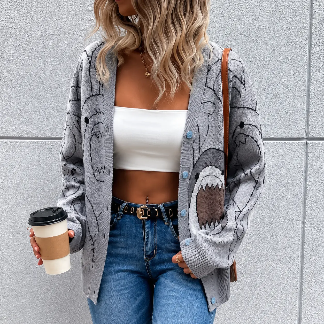 Unisex Trendy V-Neck Button-Up Cardigan Featuring Playful Shark Cartoon Jacquard Knit Design. Crafted from premium soft fabric, this stylish loose-fit sweater offers ultimate comfort and a unique Knitwear Tops Womenswear