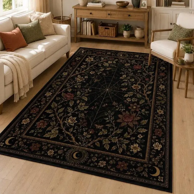 Dark Botanical Spiderweb Area Rug – Gothic Floral Vintage Style Carpet for Living Room, Witchy Cottagecore Decor, Victorian Style Home