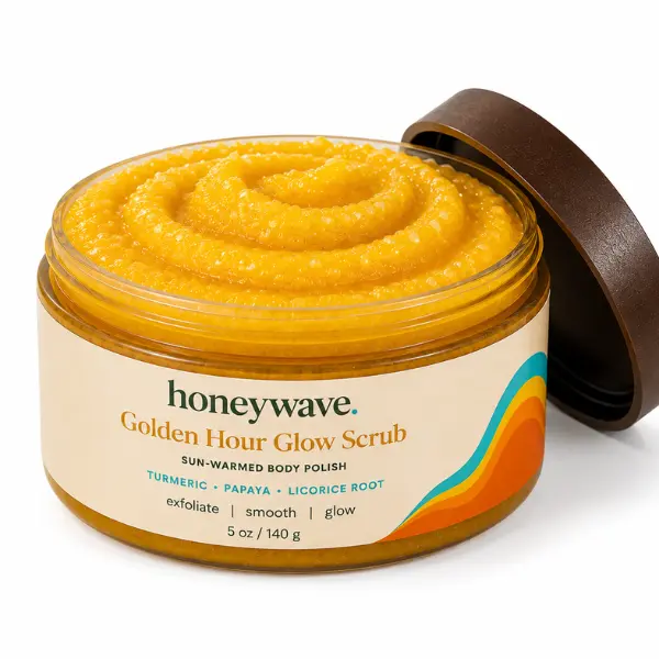 Honeywave Golden Hour Glow Scrub – Brightening Sugar Body Scrub with Turmeric, Kojic Acid, Papaya & Licorice Root – Exfoliating Body Polish for Soft, Smooth, Glowing Skin – 5 oz