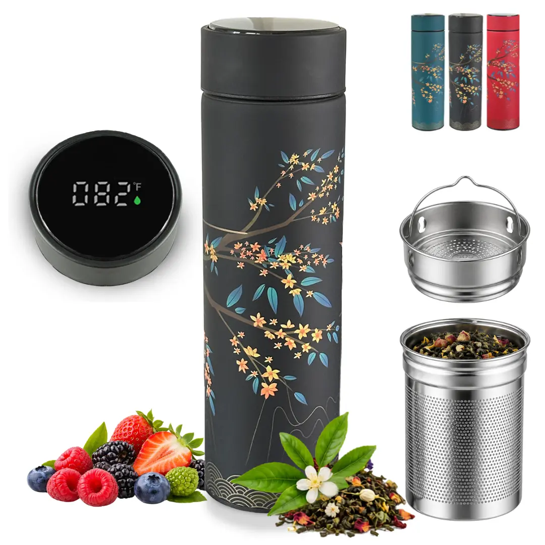 Farasi Tea Infuser for Loose Leaf Tea Smart Water Bottle with Temp. Display, Stainless Steel, Insulated Coffee and Fruit Tea Infuser Bottle Black Floral Tea Thermos 15oz
