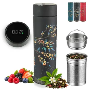 Farasi Tea Infuser for Loose Leaf Tea Smart Water Bottle with Fahrenheit Temperature Display, Stainless Steel, Insulated Coffee and Fruit Tea Infuser Bottle - Black Floral Tea Mug 15 oz