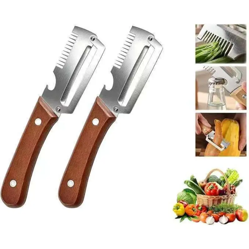 2PCS Stainless Steel Thick Fruit & Vegetable Peeler with Wooden Handle - 3-in-1 Function, Built-in Opener, Smooth Durable Kitchen Utensil for Peeling, Cutting