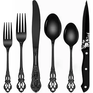 Black Silverware Set For 8, Ollex 48 PCS Retro Royal Silverware Flatware Set with Black Spoons Forks Knives Set, Mirror Polished Stainless Steel vintage Utensils Set, Dishwasher Safe