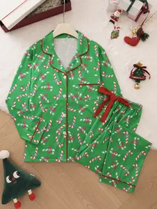 2-piece Pajama Set Butterfly Knot Candy Cane Halloween Soft and Comfortable Top Small Pocket Butterfly Knot Tightening with Elastic Pants Belt Suitable for Four Seasons Home Regular Wear Holiday Pajama Clothing