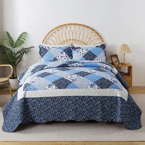 Quilt King Size - 3 Microfiber Quilts Bedspreads Patchwork Coverlets Floral Quilts with Blue and White Porcelain Pattern