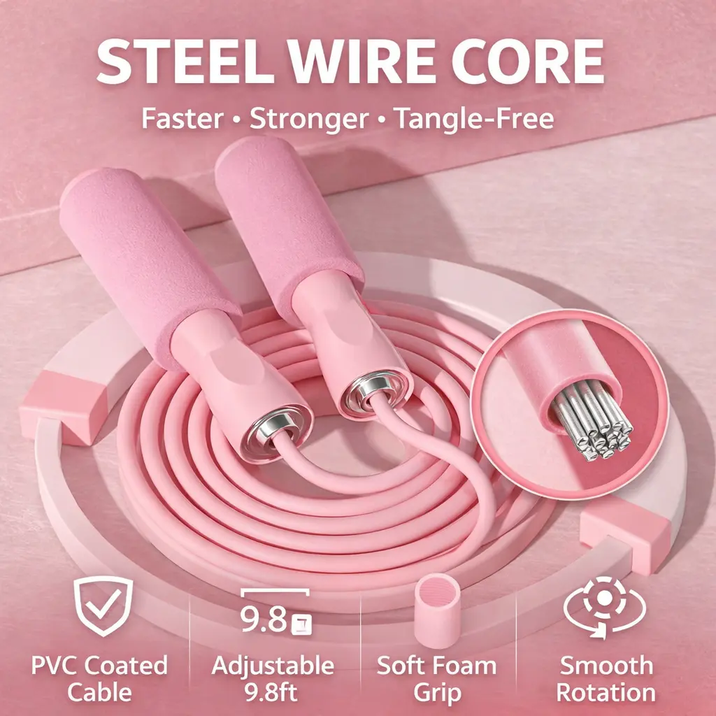 Adjustable 9.8 ft Tangle-Resistant PVC Jump Rope with Ball Bearings and Non-Slip Foam Handles for Cardio, Boxing and Home Workouts