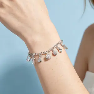 S925 Silver Plated Charm Bracelet for Women, Non Tarnish Cross Moon Star Zircon Pendant, Adjustable Stackable Lock Key Bracelets Jewelry Gift