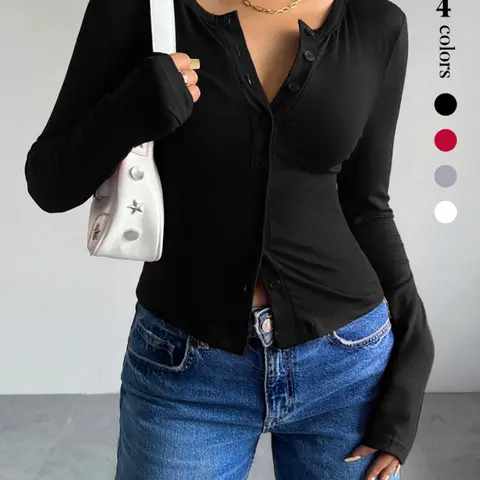 Women's Plain Button Front Long Sleeve Tee, Casual Aesthetic Y2K Round Neck T-shirt for Spring & Fall, Women's Top for Daily Wear