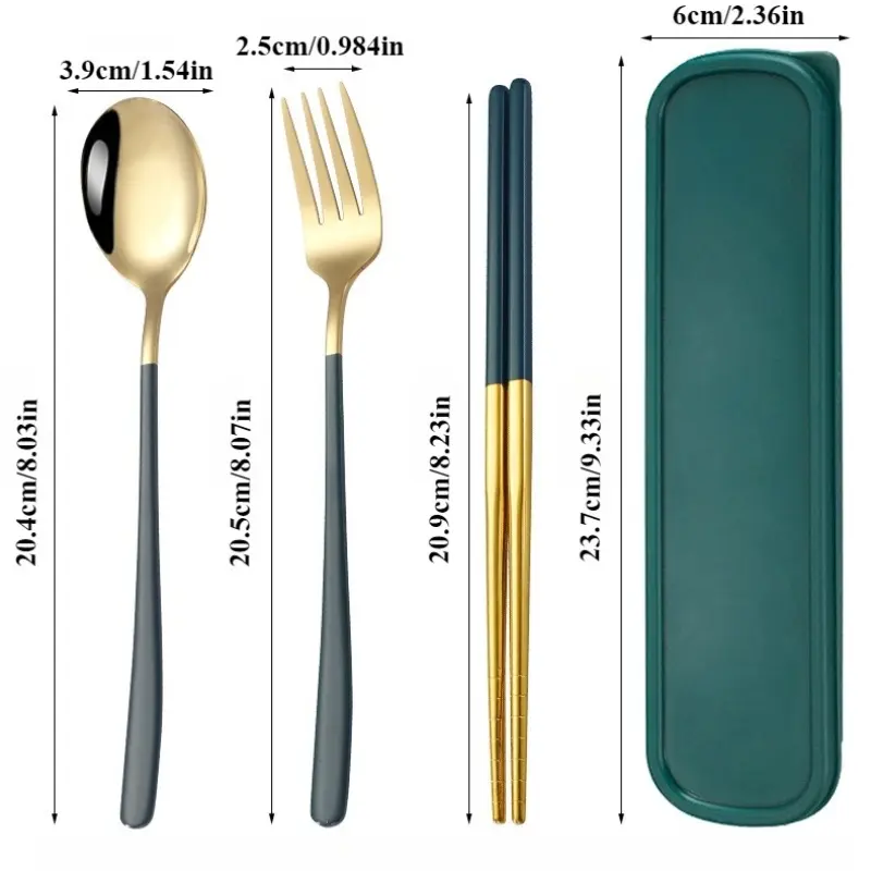 Stainless Steel 3-Piece Portable Cutlery Set with Travel Case Picnic Pack, Durable Rustproof Fork, Spoon & Chopsticks for Outdoor Camping, Everyday Use & Steak Dinners