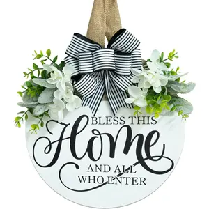 Floral Round Wood Welcome Sign for Front Door Wreath, Wall Decor Home Porch Decor Gifts for Spring Summer Fall All Seasons Holiday Outdoor Decor