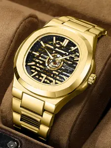 Square Men's Hollow Mechanical Watch with Vintage Detailing, Elegant Square Dial, Luxurious Casual Watch for All Occasions, Perfect Gift in Elegant Box, Fashionable Wristwatch