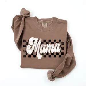 Retro Checkered Mama T-Shirt: Long Sleeve Fall Mom Shirt (Not Comfort Colors)