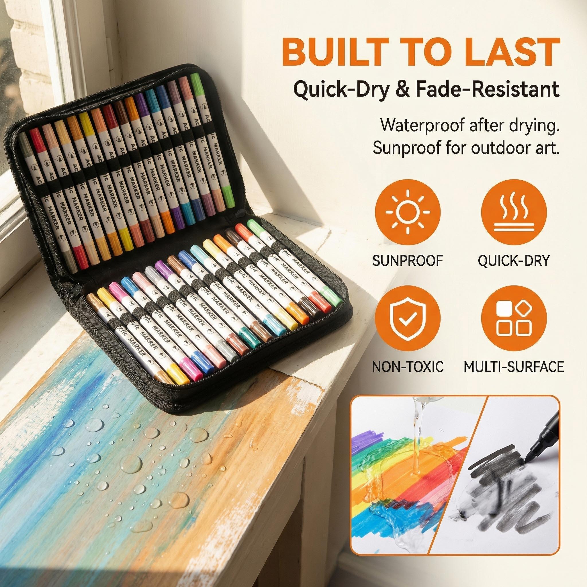 48 Acrylic Paint Markers, Large Capacity Acrylic Markers with Long-Lasting Tip, Professional Art Supplies for Rock Painting, Ceramic, Glass, Wood, Canvas, Fabric, Crafts