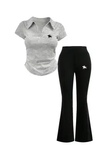 Women's Casual Polo Neck Short Sleeve Top & Flared Pants Set, Fitted Comfortable Waist Cinch Design, Perfect Yoga Sportswear