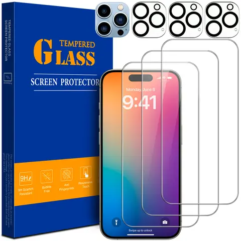[6-Pcs Set] 3 HD Screen Protector & 3 Camera Lens Protector for iPhone 18 17 16 15 14 13 12 11 Pro Max Duo Plus Mini, HD Clear Tempered Glass, Scratch Resistant, Case Compatible