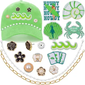 SHBESHCD Trucker Hat Charms 14PCS,6PCS Green Iron On Patches, Ocean Wave,Surfer Girl,Shell, Crab and 2 PCS Hats Chains(Golden and Pearl Chain) and 6PCS Pearl Rose Buckles