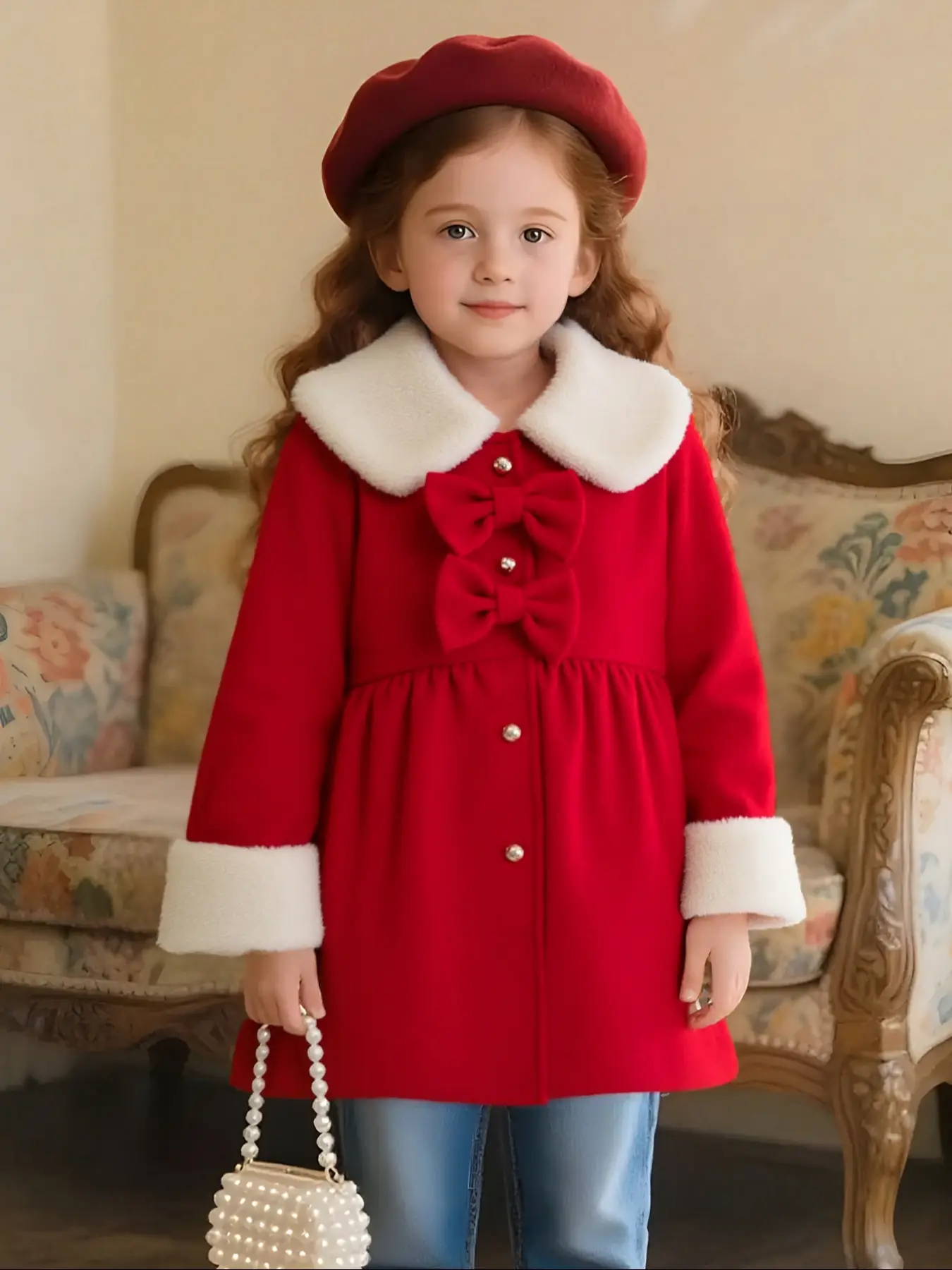 Girls' solid-color long-sleeved coat autumn/winter cute style bow tie fashion fleece-lined jacket cute baby girl's warm mid-length top suitable for o