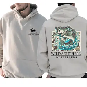 Wild Fishing Hoodie – Jumping Bass Camo Graphic, Outdoor StreetStyle Hunting Season Unisex 2 Sides Hoodie Classic Cotton Fabric