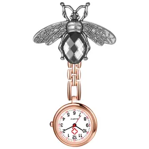 Crystal Bee Nurse Watch – Quartz Analog Fob Pocket Watch with Easy-to-Read Digital Dial, Elegant Bee Decoration & Brooch Design – Medical Work Watch for Men & Women, Gray