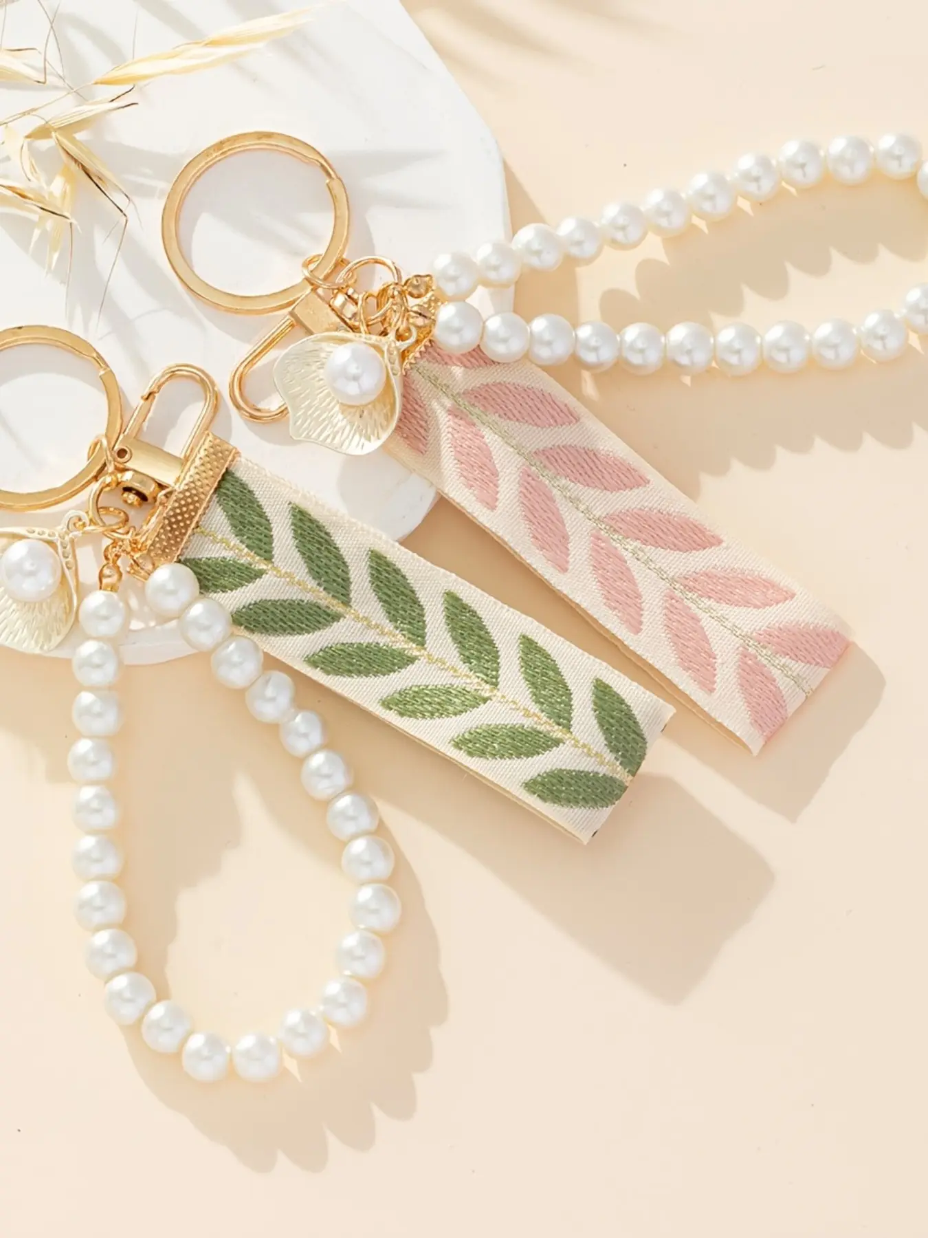 Multicolor Woven Ribbon Keychain with Faux Pearls and Lobster Clasp, Natural Theme Pendant, Perfect Gift for All Occasions