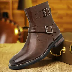 Men’s two-tone mid-calf boots with dual buckles, vintage distressed workwear style, low heel, wear-resistant, suitable for business casual wear