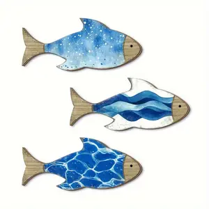 3 Piece Wooden Fish Shaped Blocks, Ocean Theme Decor for Home Bathroom & Bedroom, Perfect for Family Holiday Decorations, Wood Grain Pattern