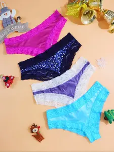4Pcs Women's Lace Triangle Color Panties, Fitted Design, Comfortable & Stylish, Perfect for All Seasons, Casual Style, Moderate Fabric Thickness, Casual Soft Panties, Lace Trim Briefs