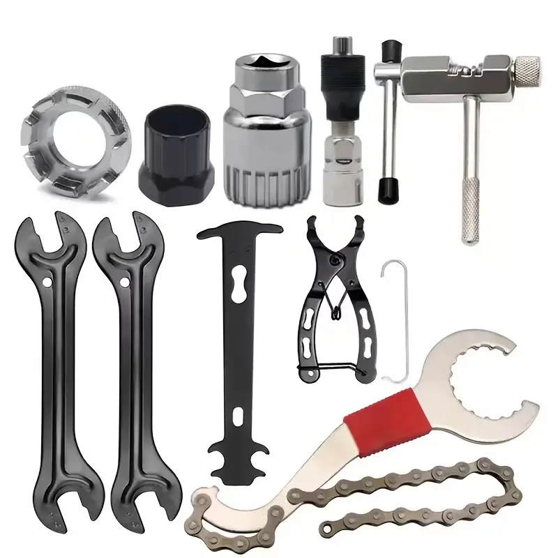 9pcs Bicycle Repair Tool Set Rear Hook Wrench And Tire Lever Middle Shaft Silvery And Black Socket Chain Breaker Spoke Wrench A-Style Magic Buckle Pliers Crank Wrench S Patch