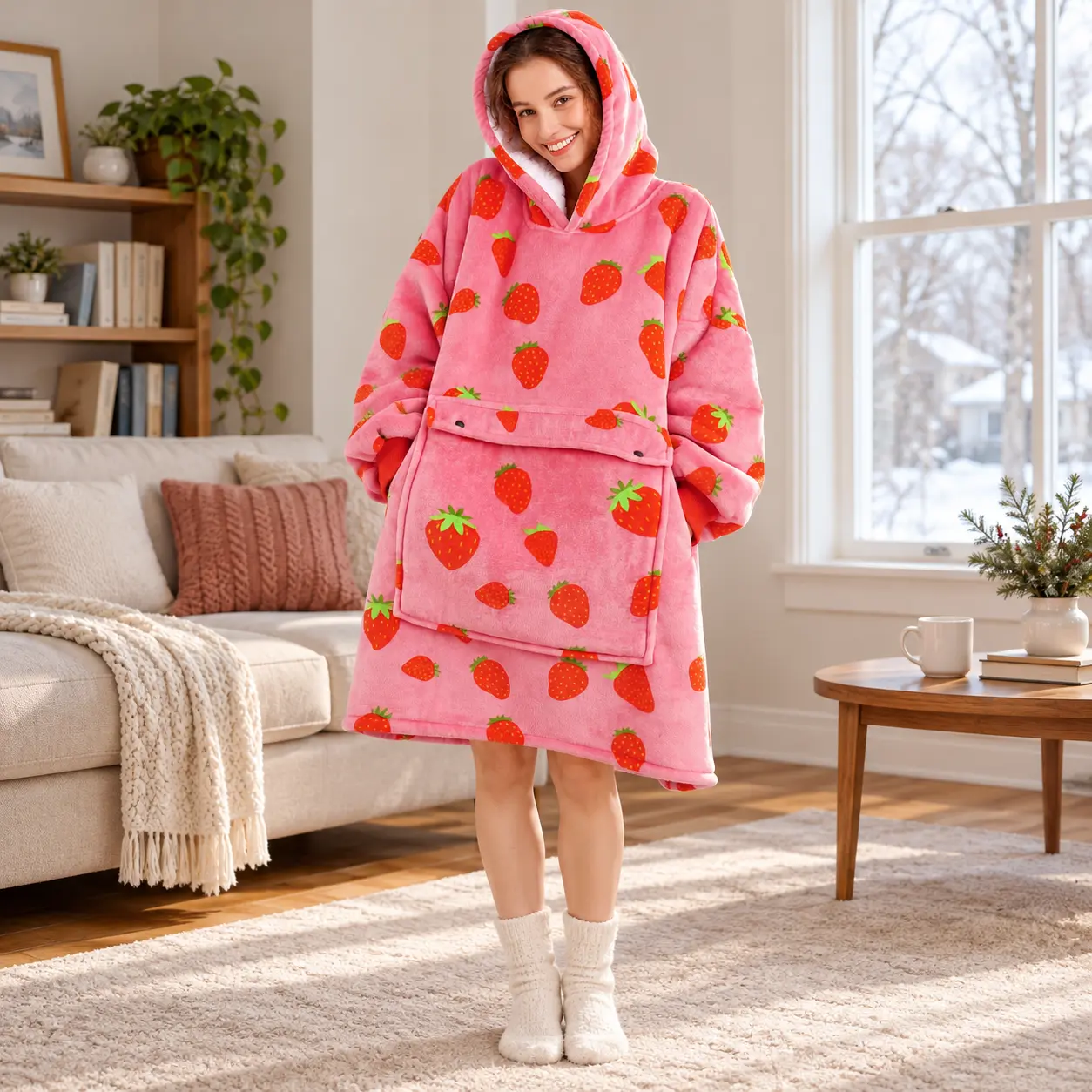 Narecte Oversized Wearable Blanket Hoodie for Adults, 3 lbs Sherpa Lined Flannel Hoodie Blanket with Giant Pocket & Ribbed Cuffs, One Size Cozy Gift for Women Men