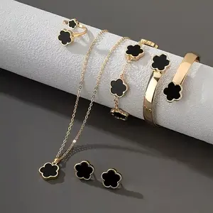 Lucky Flower Acrylic and Alloy Jewelry, Black and Gold Lucky Flower Design Necklace Earrings Bracelet Bangle Ring Jewelry Set, Clover Gold Plated Chain Wrap Ornament & OPP Pouch for Women Girls Lady & Female