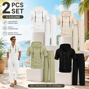 Men’s summer 2-piece set: hooded short-sleeve shirt with pants, lightweight yet textured, suitable for vacations/casual wear/outdoor activities/sports/daily outings.