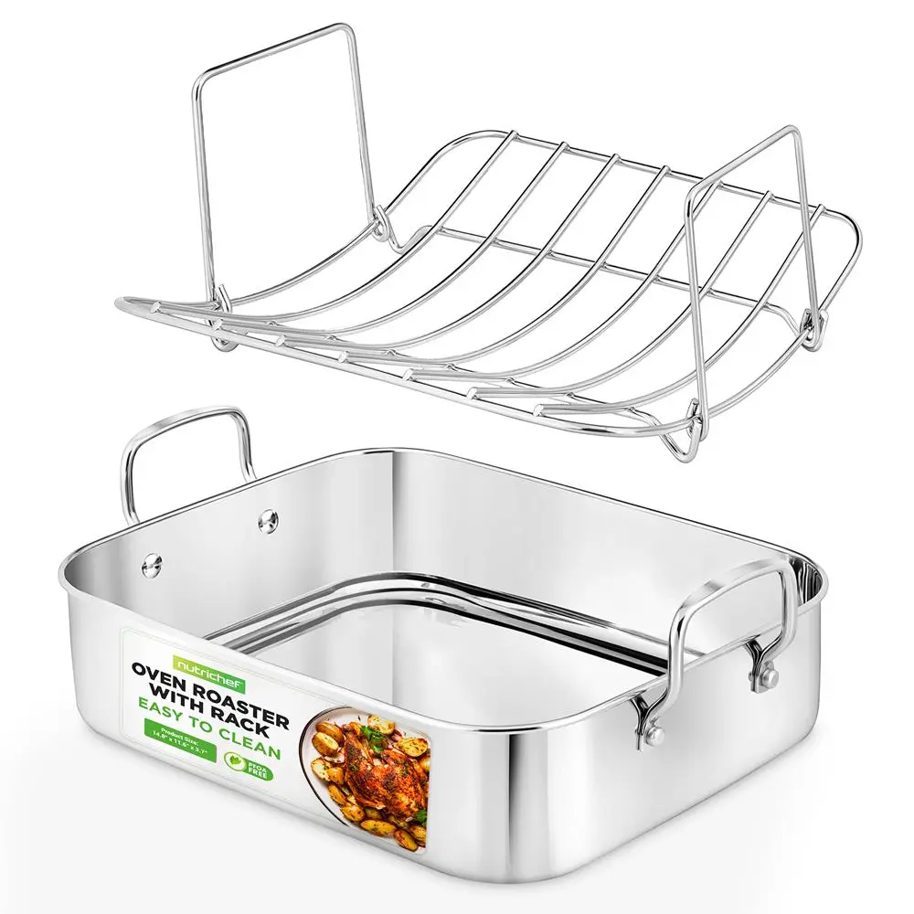 14" Stainless Steel Roasting Pan | Warp-Resistant Heavy-Duty Pan with Polished Removable Rack - Oven Safe, Dishwasher Safe & PFOA Free Bakeware - Everyday Kitchen Essentials