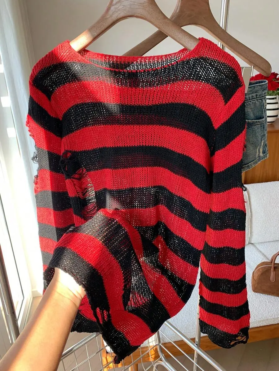 EZwear Striped Ripped Detail Sweater,Long Sleeve Tops,Knitted Sweater In Fall/Winter