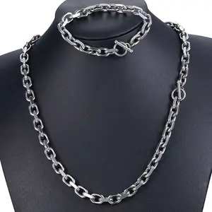 Mens Jewelry Sets 9mm Chain Cable Link Stainless Steel Necklace Bracelet Set w T/O Toggle Clasp