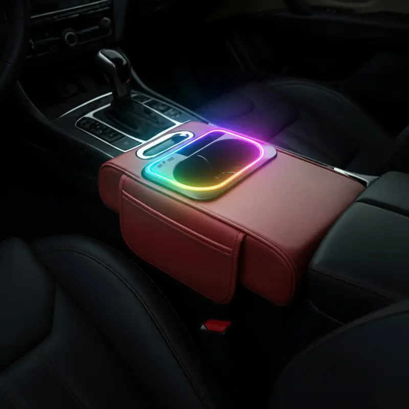Car Multi-Functional Handrest Storage Cushion, Fast Charging Type C & Type a Dual Ports, Music Sync RGB Ambient Light, Easy Install, Car Armrest Box Accessories,  Car Console Organizer