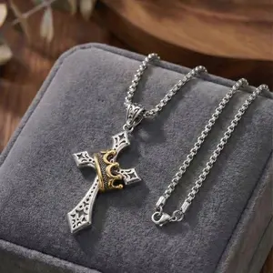 Premium Stainless Steel Crown Cross Necklace Pendant 20in For Men, Gift for Him, Changeable Chain