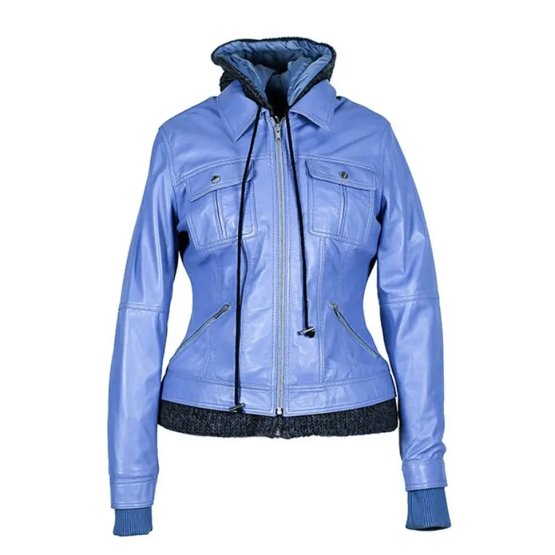 Roxanne Womens Wax Finish Hooded Leather Jacket with Removable Lining