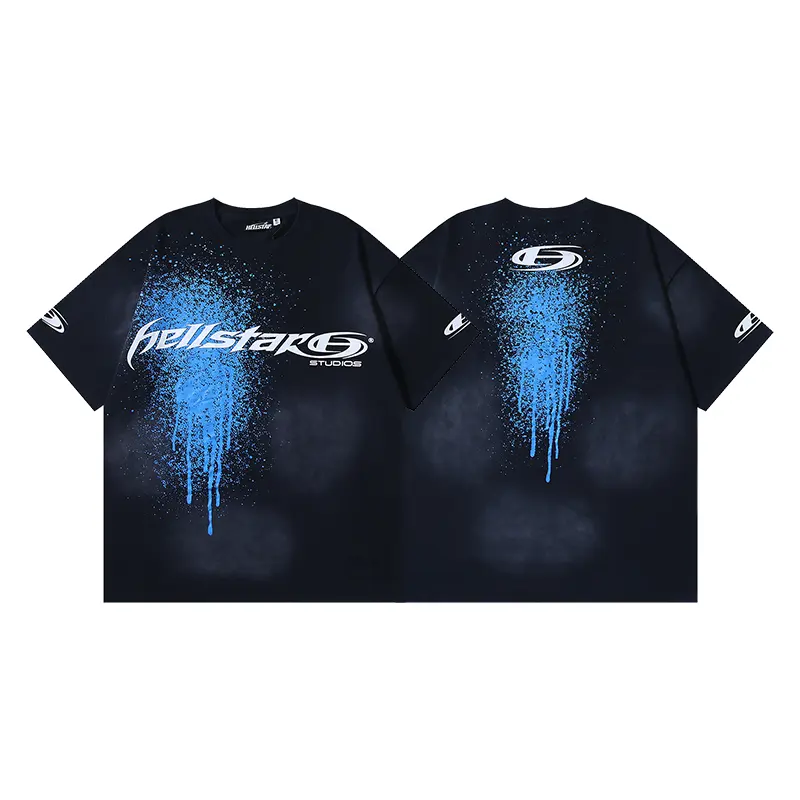 Hellstar Studios Blue Drip Logo Graphic T-Shirt, Futuristic Spray Paint Front and Back Print with Sleeve Emblems, Washed Black Oversized Tee for Men Women, Y2K Hip Hop Streetwear Fashion Accessories