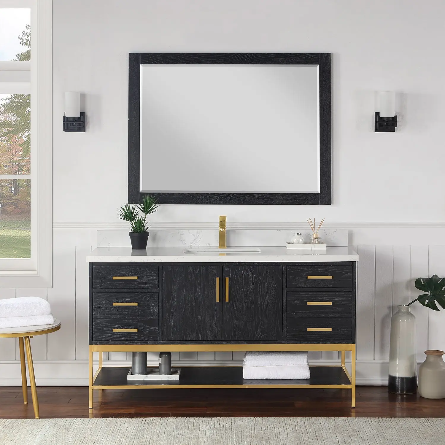 Altair Design Wildy 60" Single Bathroom Vanity Set in Black Oak with Grain White Composite Stone Countertop