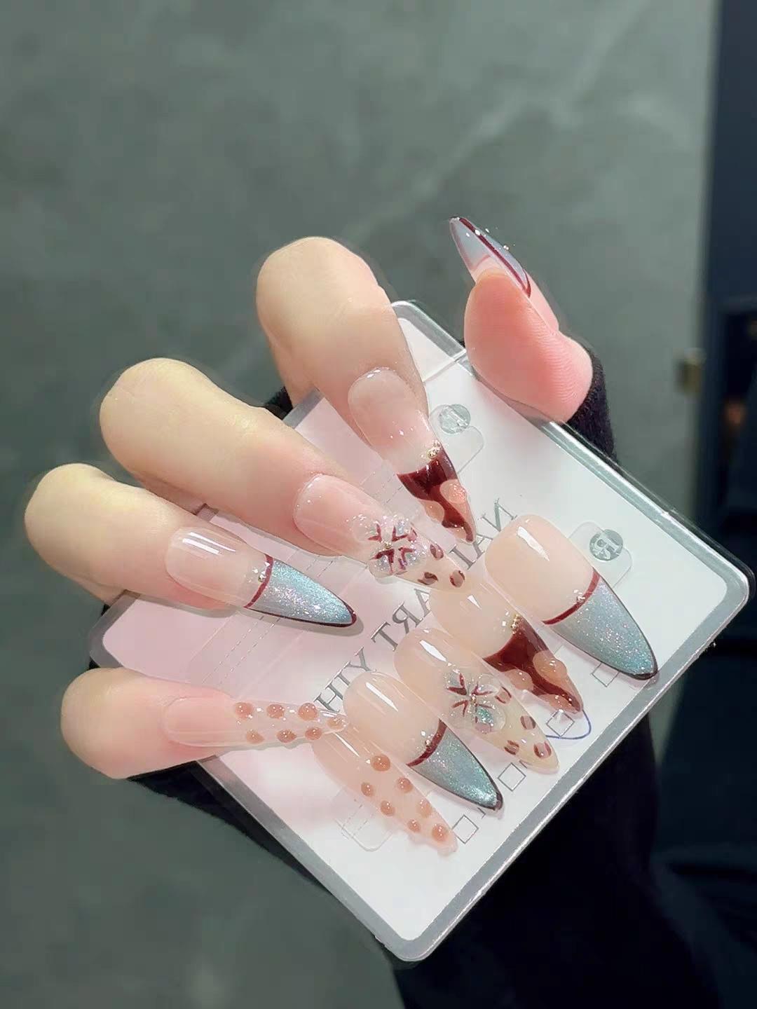 【Lucy UU】3 Styles Luxury Tropical 3D Floral Press On Nails Ocean Jellyfish Red French Silver Glitter Pink French Leopard Print Long Stiletto Shape Handmade Reusable Fake Nail For Women