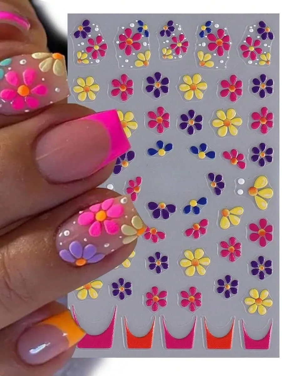 Flower pattern nail art sticker, 1 embossed nail decoration, hand pressed Diy nail kit, suitable for women and girls, multi-color nail stickers, sticker set