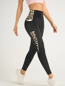 Women's Patchwork Print Yoga Pants, High Waist Sporty Design, Tight-Fitting Mesh Fabric with Pockets, All Season Wearable, Leopard Print Leggings