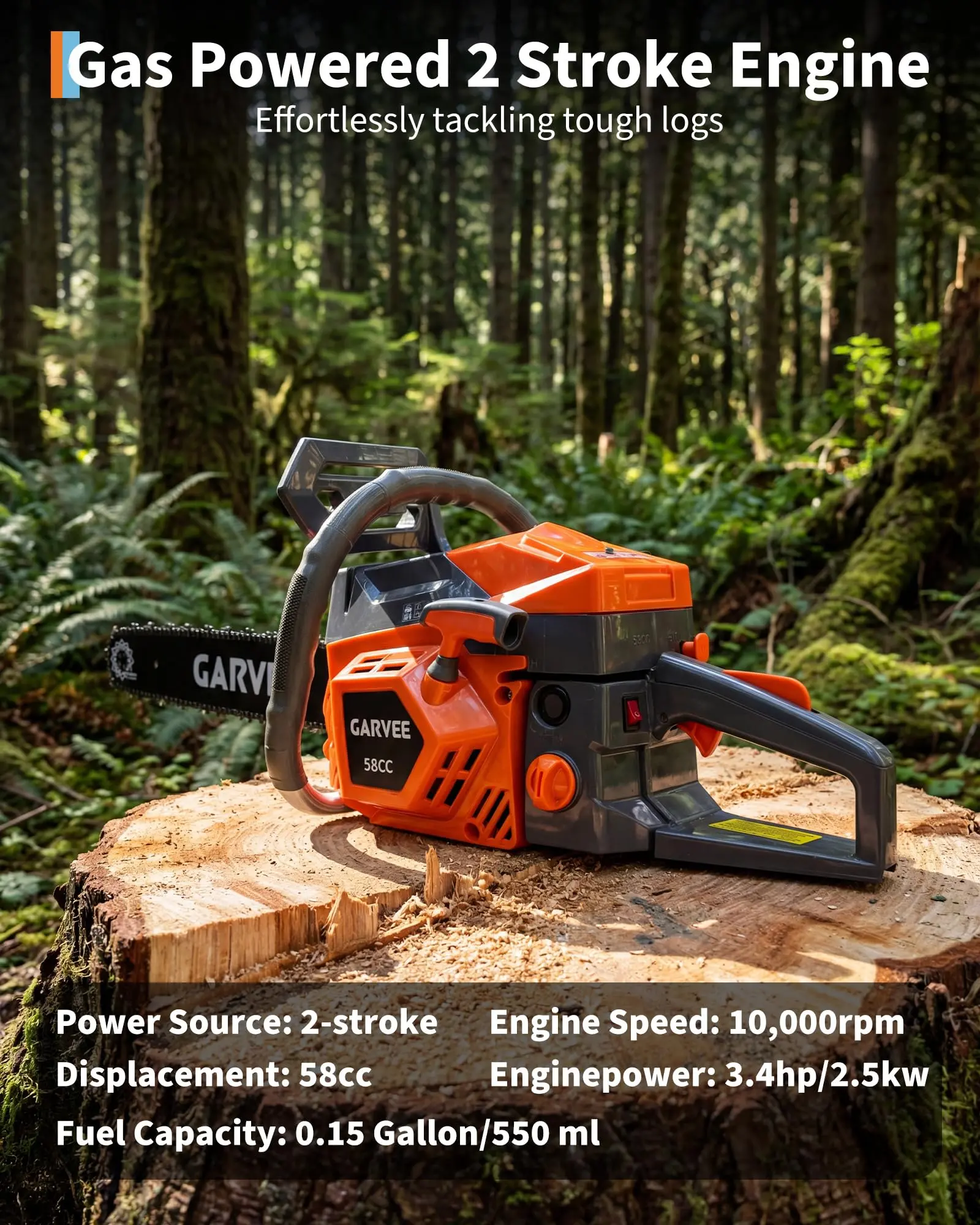 Garvee Powerful 52CC Gas Chainsaw – 20" & 16" Bar, 2-Stroke Engine, Quick Start, Auto Oiler, Anti-Vibration, Ergonomic Handle – Heavy Duty Wood Cutting, Logging, Tree Trimming