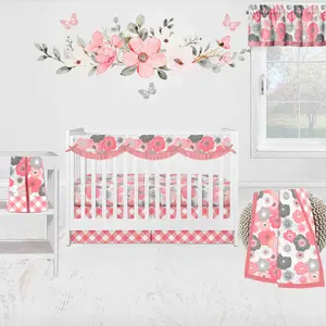 Bacati Watercolor Floral 6-Piece Crib Bedding Set With Long Rail Guard Cover - Coral/Gray