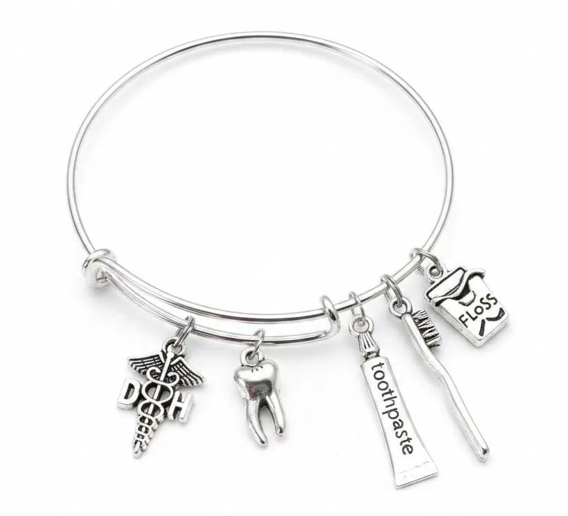 Dental Hygienist Gift Bracelet | DHO Charm Bangle | Tooth, Toothbrush, Floss & Toothpaste
