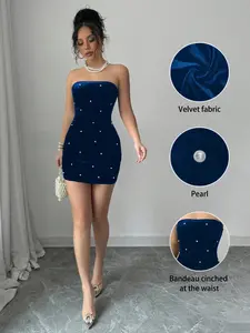 Halloween Party Dress - Navy Velvet Strapless Mini with Pearls - Women's Elegant Costume